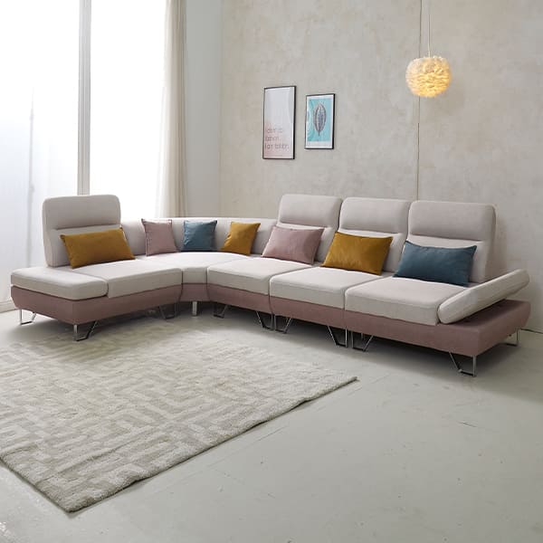 [퍼니챗] 샤르니 조야원단 6인용 패브릭 코너형 스윙소파 (핑크/아이보리)